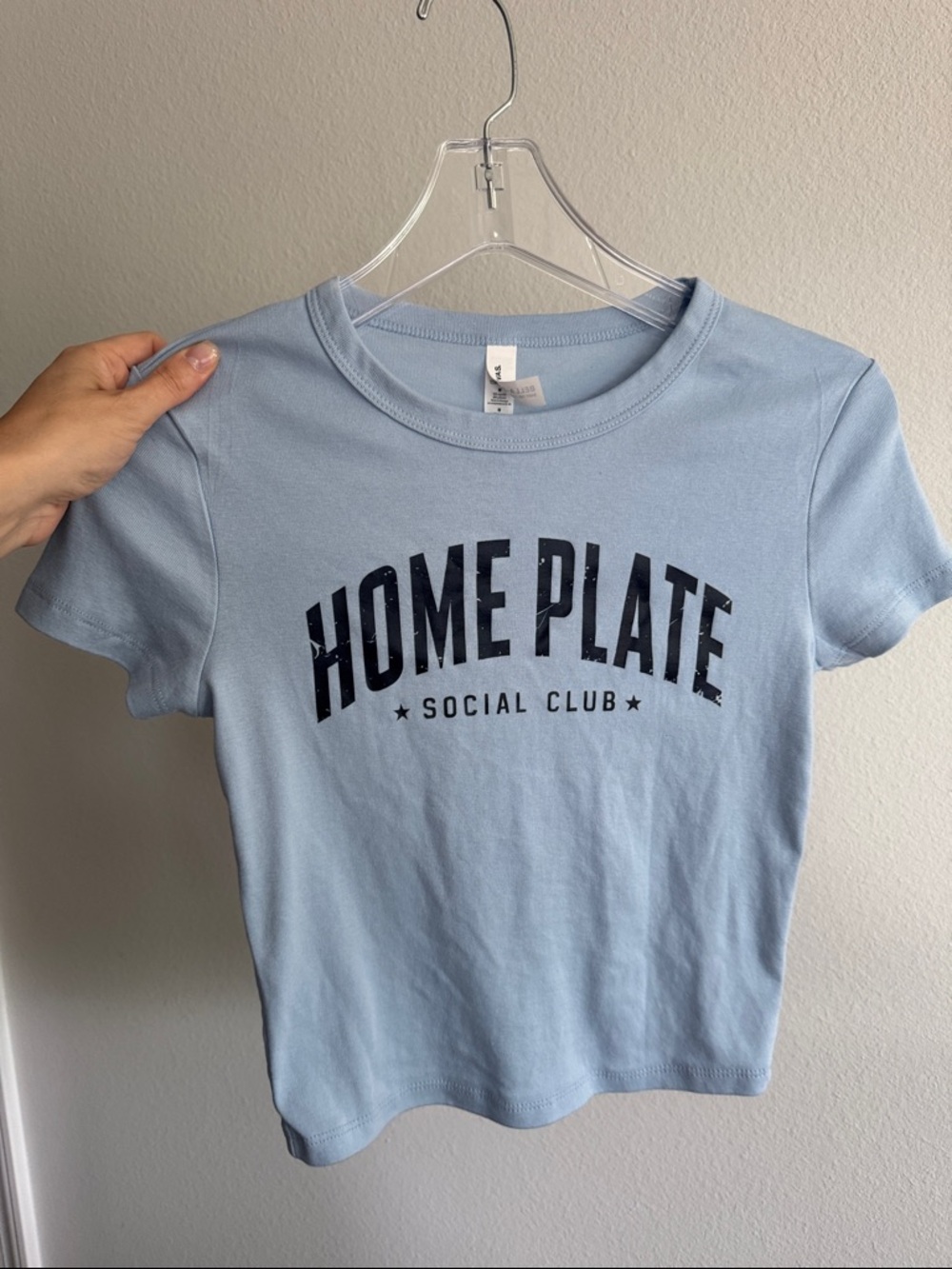 Baseball Fan Light Blue Crop Tee with Navy Blue Distressed Home Plate SocialClub